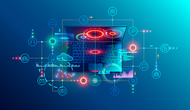 Programming or Software development abstract concept. Top view at screen laptop with business icons, programming language or fragments coding. Technology banner of Software developer company