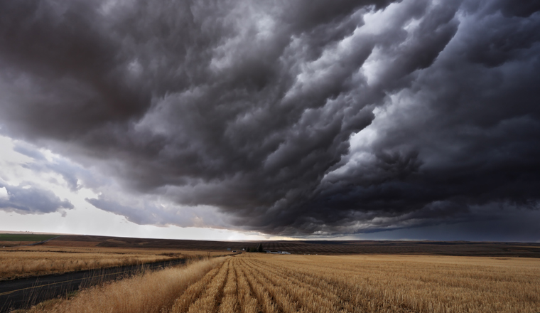 The autumn storm approaches on fields after harvesting. Montana, the USA