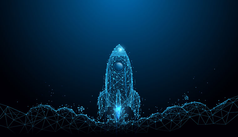 Rocket launch. Business startup concept form lines, triangles and particle style design. Illustration vector