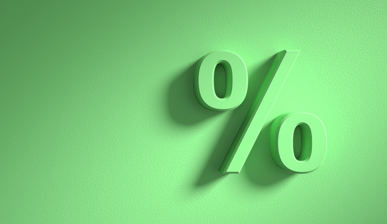 Percentage sign on bright green wall background, banner, copy space. 3d illustration