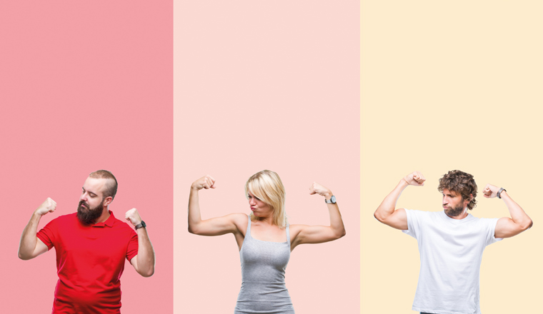 Collage of group of young people over colorful vintage isolated background showing arms muscles smiling proud. Fitness concept.