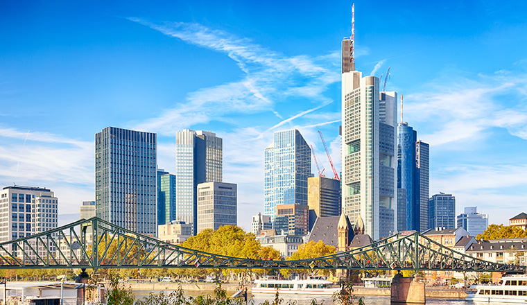 Skyline cityscape of Frankfurt, Germany during sunny day. Frankfurt Main in a financial capital of Europe