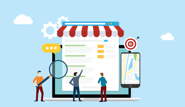 local seo market strategy business search engine optimization with team people working together on front of store and maps online - vector illustration