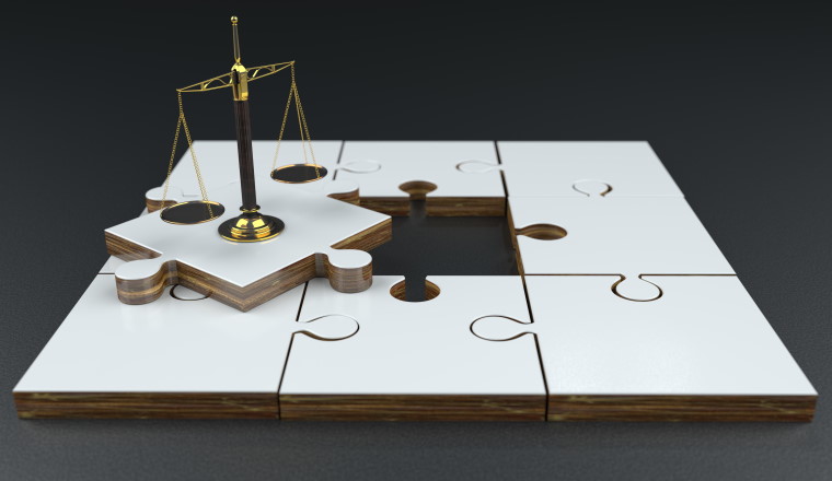 White puzzle pieces whith golden scale on the black background. 3d illustration.