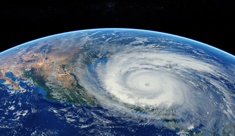 hurricane approaching the American continent visible above the Earth, a view from the satellite. Elements of this image furnished by NASA. 