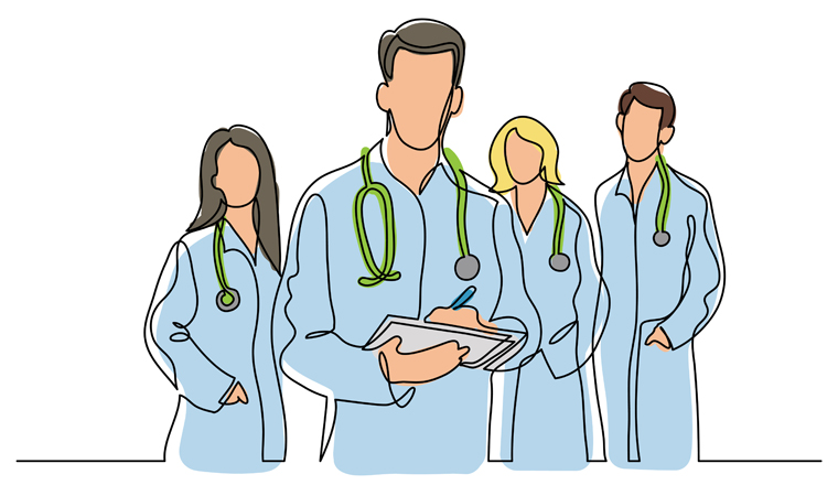 continuous vector line drawing of team of doctors