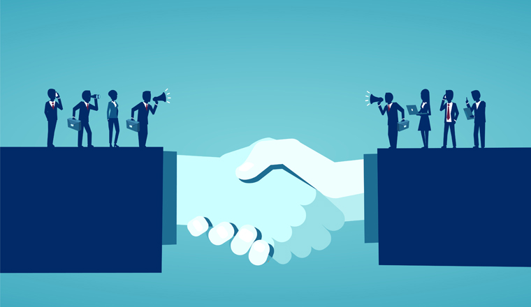 Businesss collaborations concept. Vector of businesspeople reaching an agreement after successful negotiations 