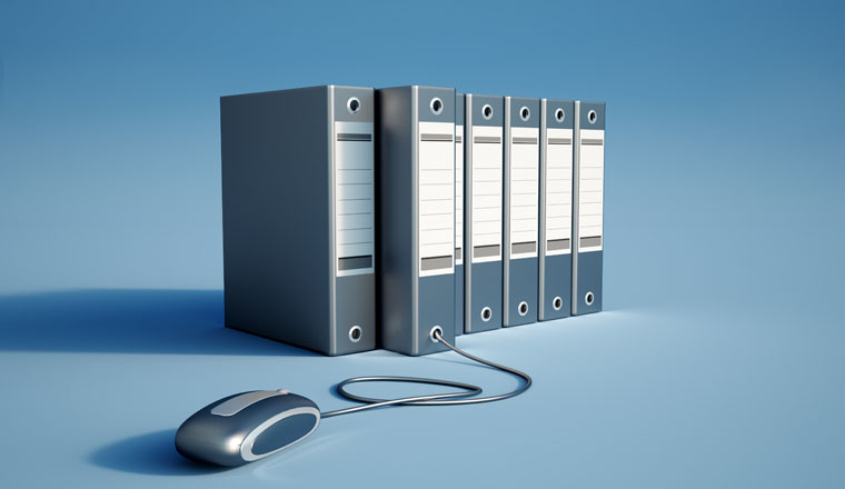 3D rendering of a group of ring binders attached to a computer mouse