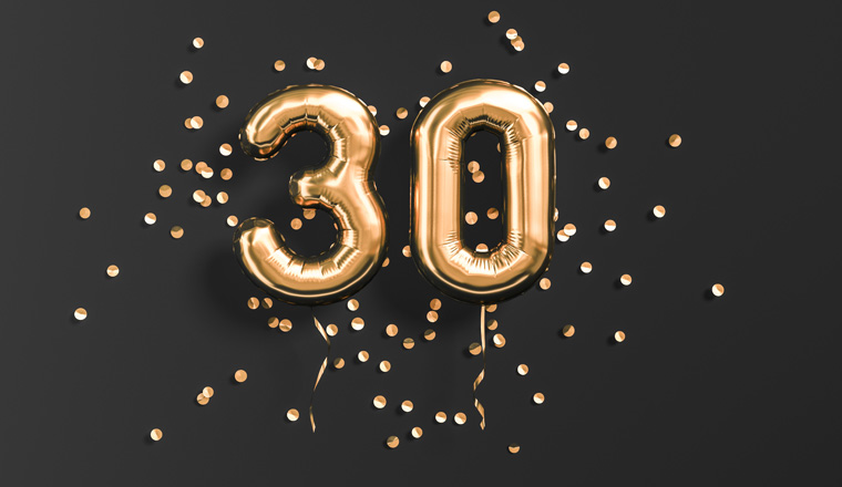 30 years old. Gold balloons number 30th anniversary, happy birthday congratulations. 3d rendering.