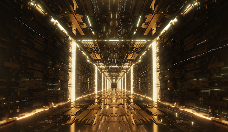 3d render gold Digital futuristic neon tunnel 4k
