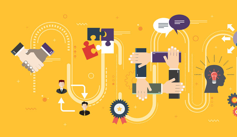 Cooperation and collaboration.Teamwork strategy in business. Negotiation, teamwork and collaboration in business .Internet website banner concept with icons in flat design vector illustration.