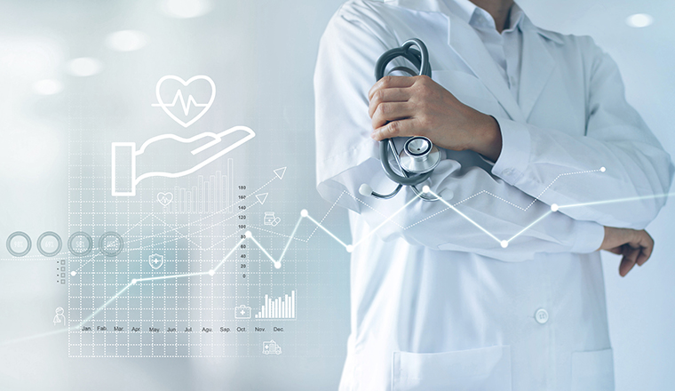 Healthcare business graph and Medical examination, Health Insurance, Doctor with stethoscope in hand and data growth chart ,Medical and medicine business on hospital background.