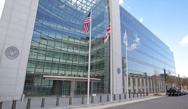 Securities and Exchange Commission, SEC, Building in Washington DC.  The SEC regulates stocks and bonds and related financial activities.