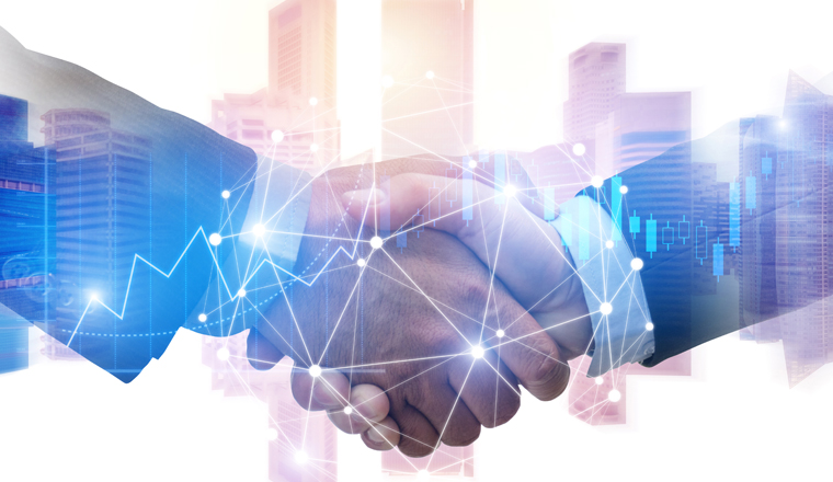 double exposure image of investor business man handshake with partner with digital network link connection and graph chart of stock market and cityscape background, investment and partnership concept