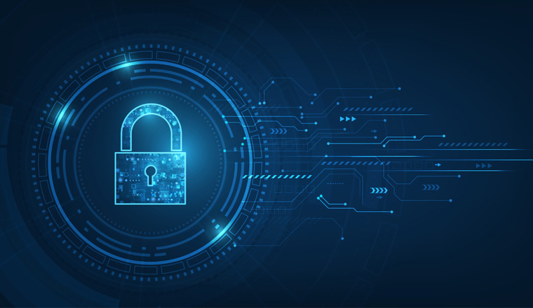 Padlock With Keyhole icon in. personal data security Illustrates cyber data or information privacy idea. blue color abstract hi speed internet technology.