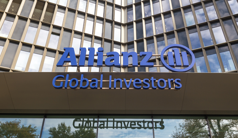 frankfurt, hesse/germany - 11 10 18: an allianz global investors sign on an building in frankfurt germany