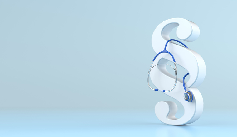 White paragraph with a blue stethoscope. 3d illustration.