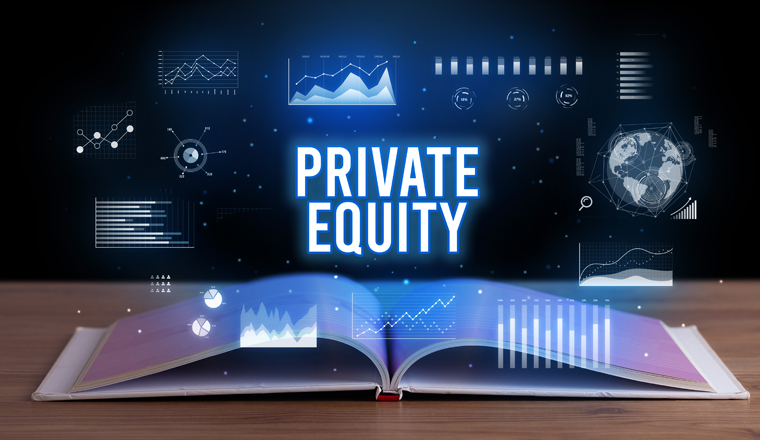 PRIVATE EQUITY inscription coming out from an open book, creative business concept