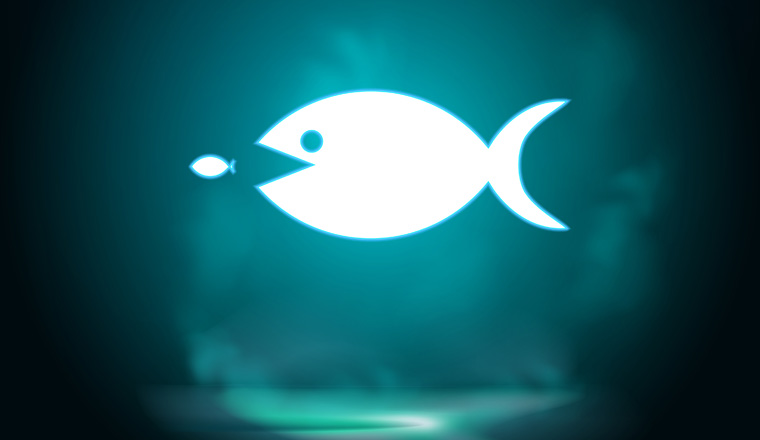 Big, fish, small, business vector icon. Lighting blue smoke neon icon. Big, fish, small, business vector icon on white background