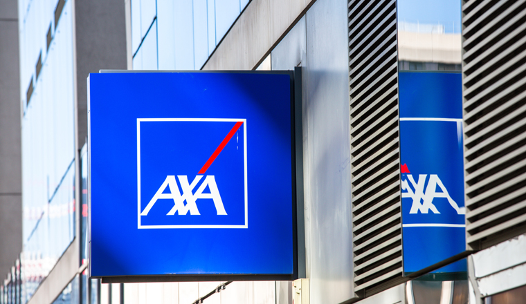 La defense, France - May 10 2015: Side view of Axa logo on a sign of building,. Axa is a French insurance and bank services company