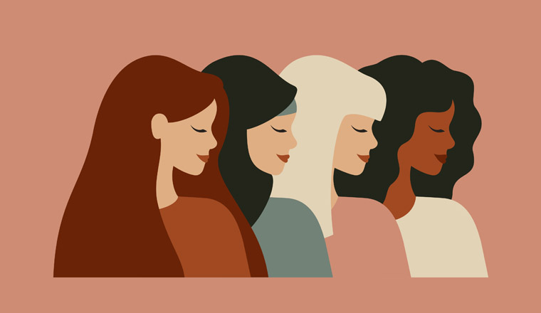 International woman's day card. Diverse female portraits of different nationalities and cultures isolated from the background. Vector concept of the females empowerment movement.