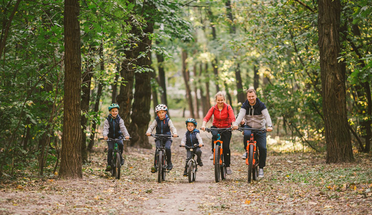 parents and kids cycling on forest trail. Young family cycling in autumn park. Family mountain biking on forest. Theme family active sports outdoor recreation. Family Cycling Through Fall Woodland.