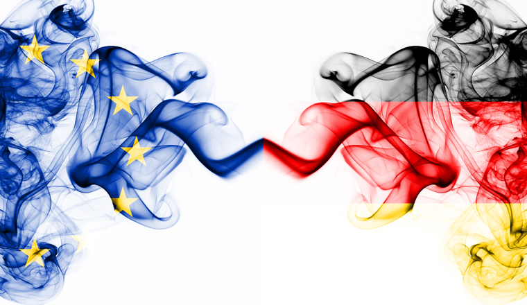 Eu, European Union vs Germany, German smoky mystic flags placed side by side. Thick colored silky abstract smoke flags combination