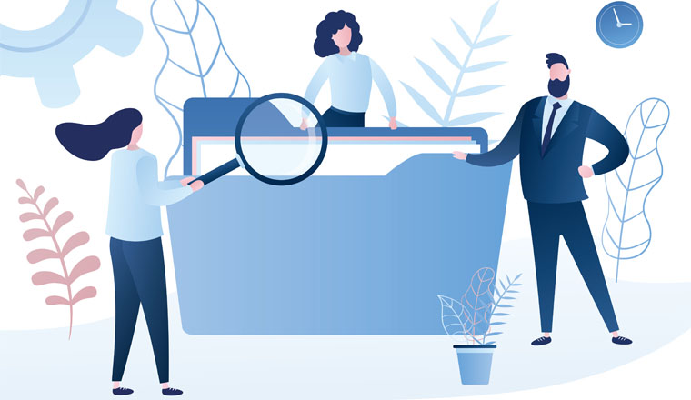 Business people searching through files. Humans with folder and female clerk use magnifying glass. Funny characters in trendy style. Vector illustration