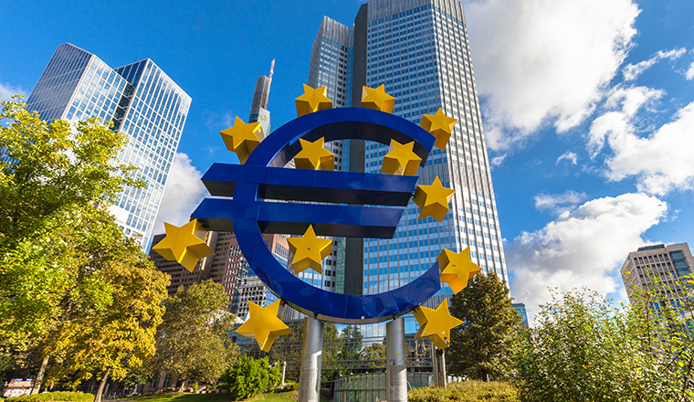 Frankfurt am Main, Germany - October 2, 2016 - The huge sculpture of the Euro sign in front of the European Central Bank headquarter building in Franfurt am Main, Hesse, Germany