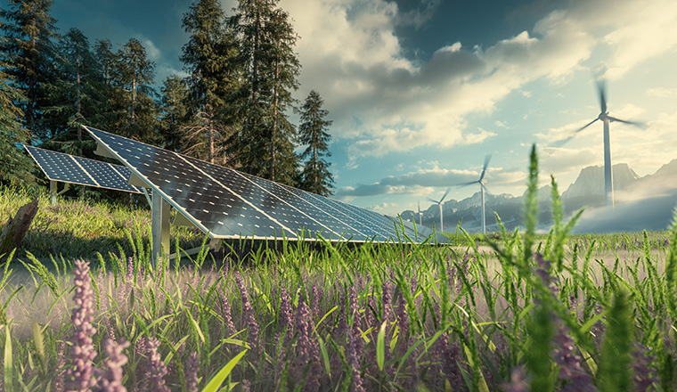Environmentally friendly installation of photovoltaic power plant and wind turbine farm situated in beautiful fresh mountain scenery with nice warm late afternoon light. 3d rendering.