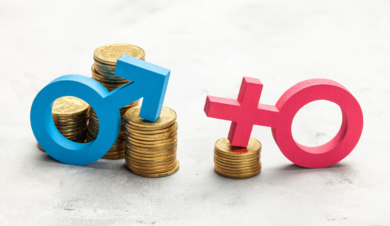 Discrimination of women. A large stack of coins and a gender symbol of a man and a small stack of coins and a gender symbol of a woman. Salary discrimination.