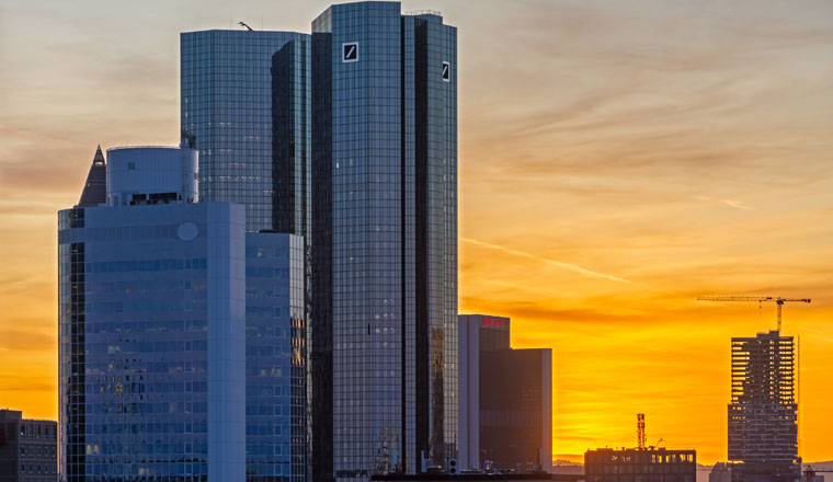 FRANKFURT, GERMANY - SEPTEMBER 19: Sunset scene  with an aerial view over the city of  Frankfurt, Germany on September 19, 2019.  Foto taken from Zeil with view to the skyscrapers.