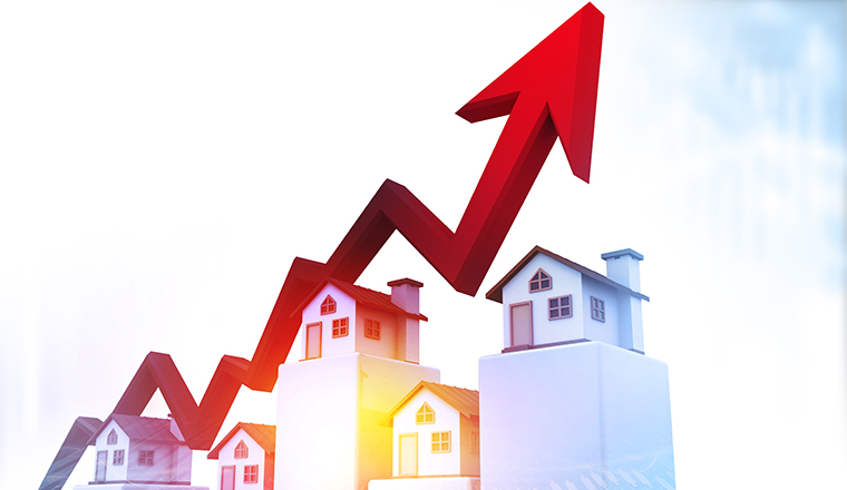 Real estate business growth graph. Arrow graph with house graph. 3d illustration 	