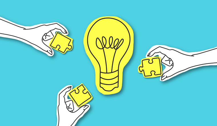 Teamwork, creative society, platform. Hands with puzze peaces around yellow light bulb over blue background