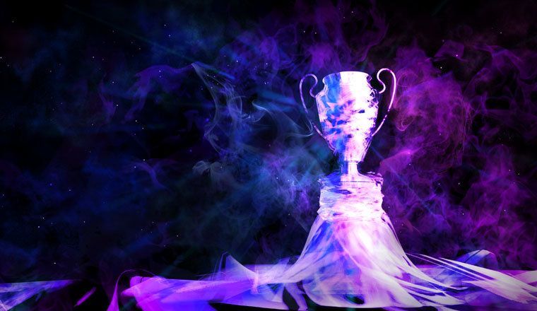 Cyberpunk trophy with smoke on dark blue futuristic background for e-sport winner concept,illustration picture,