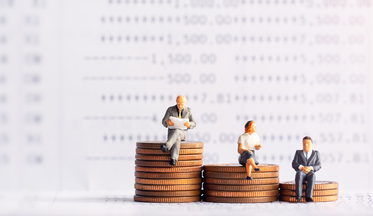 Miniature people: Elderly people sitting on coins stack. Retirement planning. money saving and Investment. Time counting down for retirement and pension.