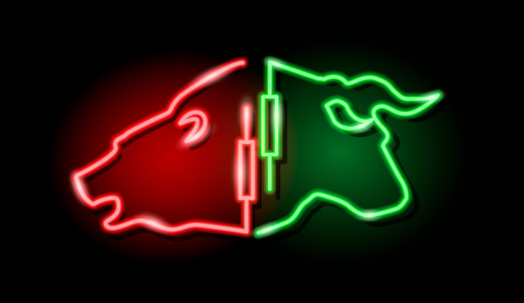 Neon silhouette of bull and bear heads with japanese candlestick symbol isolated on black background. Stock market concept. Vector 10 eps illustration.