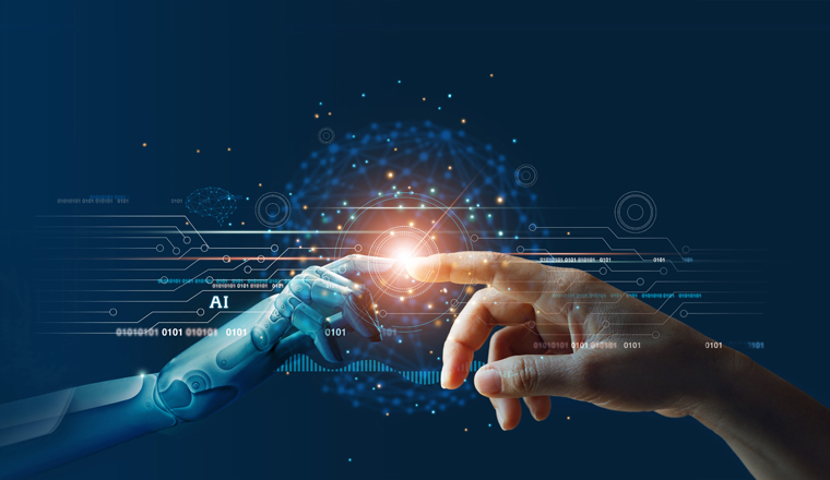 AI, Machine learning, Hands of robot and human touching on big data network connection background, Science and artificial intelligence technology, innovation and futuristic.