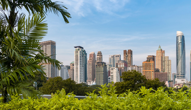 Cityscape of picturesque Bangkok at daytime from rooftop. Panoramic skyline of the biggest city in Thailand. The concept of metropolis. Unique green Asia.