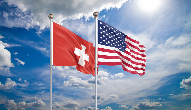 United States of America vs Switzerland. Thick colored silky flags of America and Switzerland. 3D illustration on sky background. – Illustration