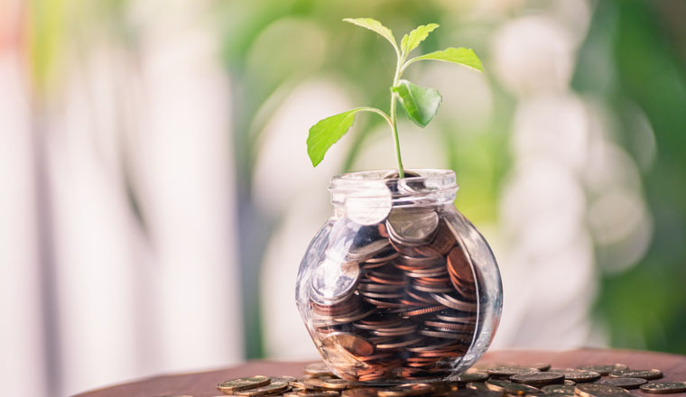 Interest increases from coins in glass bottles on a blurred natural green background with sun light effects and copy space for business and financial concepts.