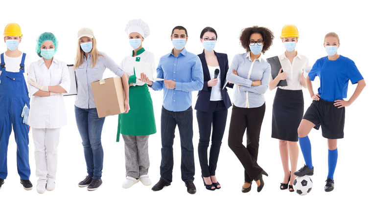 coronavirus, pandemic, health care and unemployment concept - set of different people in protective mask isolated on white background