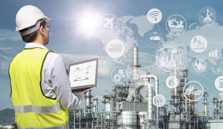 Industry 4.0 of oil and gas refining process of refinery plant, Double exposure of engineer working, Industrial energy system network icons concept.