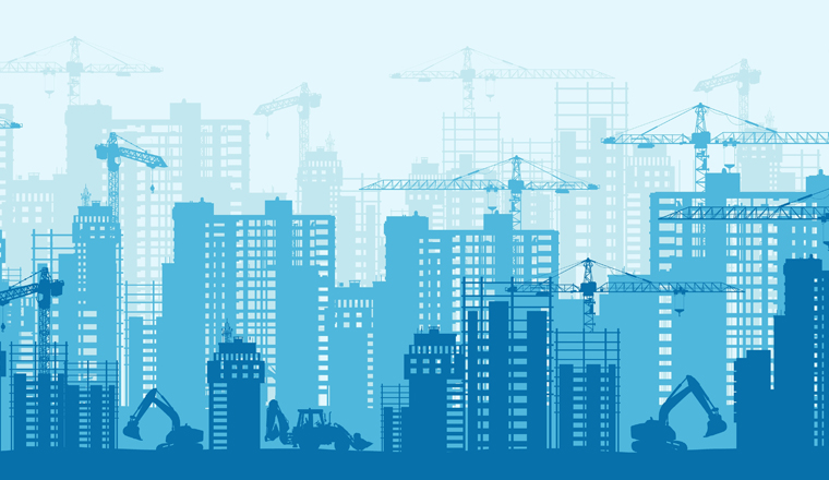 Detailed silhouette of colorful development urban background horizontal banner. Modern megapolis buildings under construction in process with industrial crane and excavator backdrop