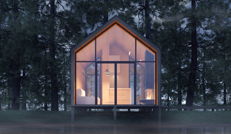 Secluded tiny house on the sandy shore of a lake with fog in a coniferous forest in the cold night light and with warm light from the Windows. Stock 3D illustration