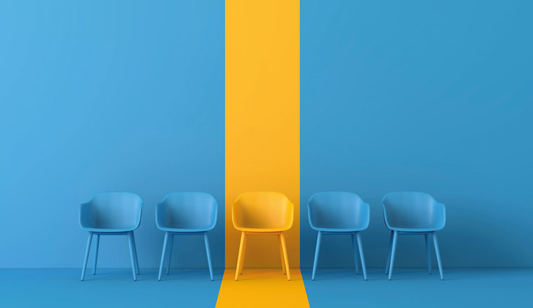 Yellow chair standing out from the crowd. Business concept. 3D rendering