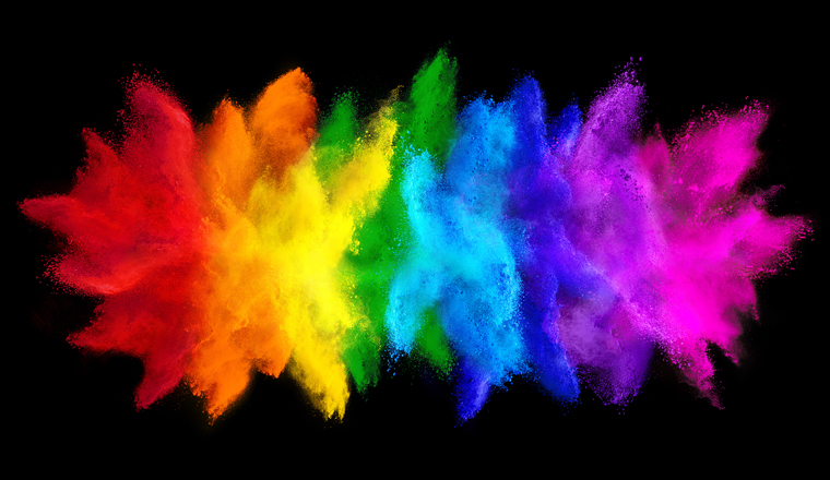 colorful rainbow holi paint color big  double powder explosion isolated on dark black wide panorama background. peace rgb beautiful party concept
