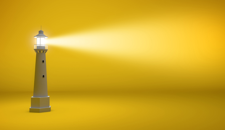 light beam of a lighthouse isolated on a yellow background with copy space, 3d illustration
