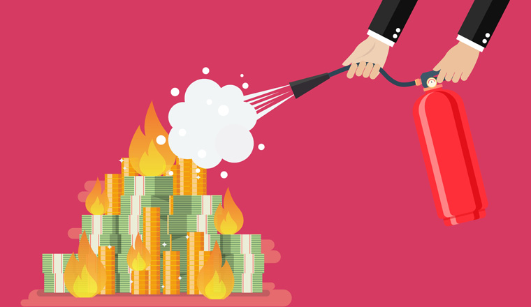 Businessman with fire extinguisher is fighting with the burning money. Economic concept. Vector illustration