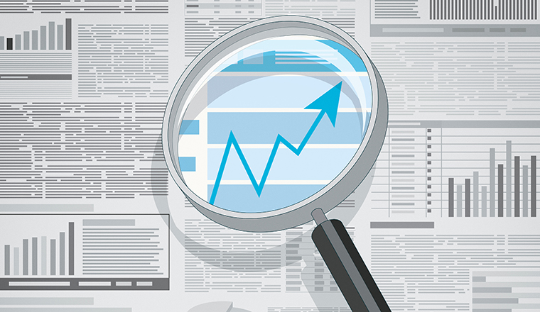 Financial analysis on a business report using a magnifier: positive trend, 3D illustration